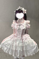 Pink/White [Pearl Nocturne] Square Collar Flutter Sleeves Multi-Layered Printed Ruffled Bow Lace Sweet Japanese Lolita Dress