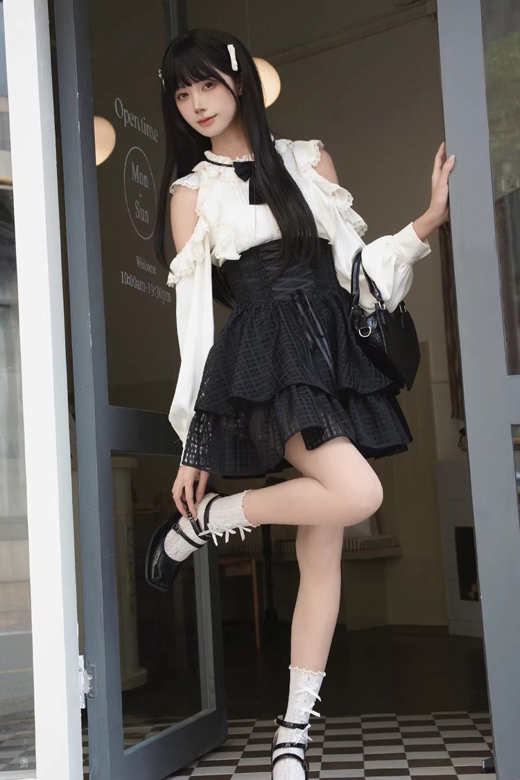 Black/White Round Collar Double-Layered Cut-Out Bow Lace-Up Classic Jirai Kei Japanese Elegant Skirt Set