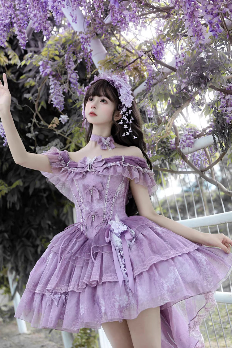 Purple [Wisteria Wonderland] Double-Layered Bow Lace-Up Sweet Elegant Princess Ballet Lolita Jsk Dress