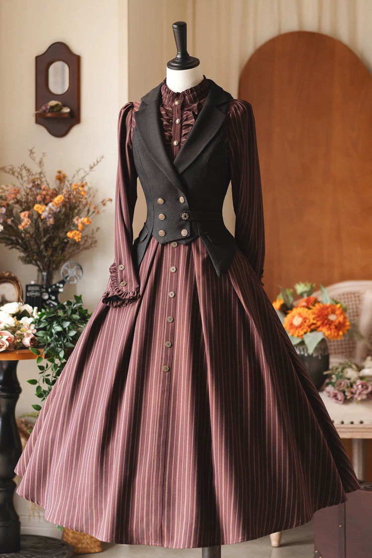 [Forest Castle] Stand Collar Long Sleeves Striped Printed Ruffled Classic Vintage Elegant Lolita Dress 3 Colors