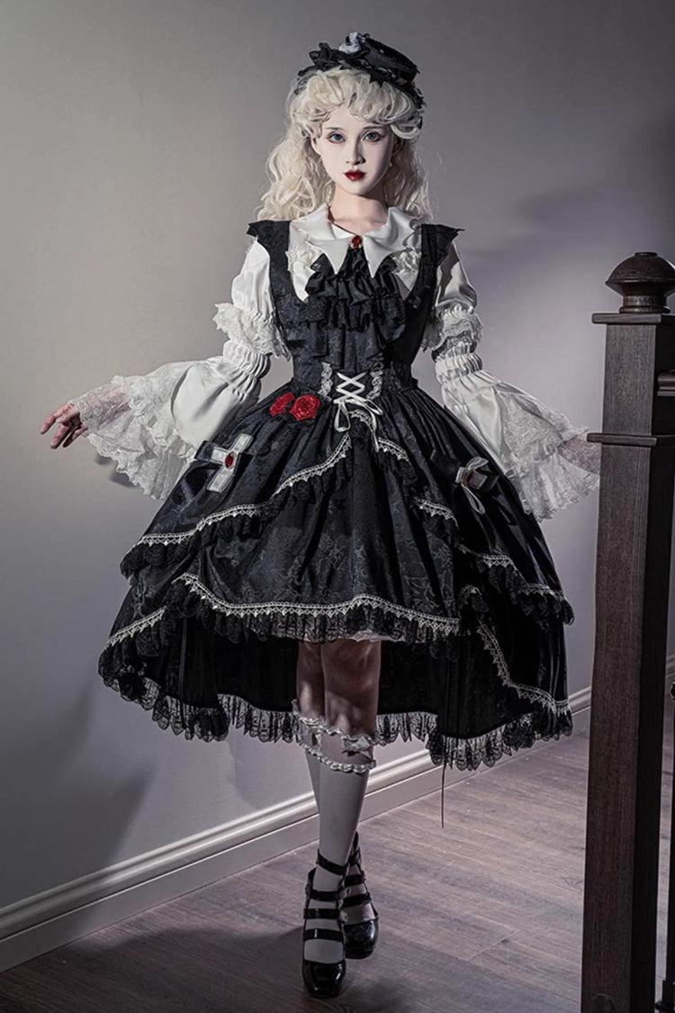 Black [Night Rose] Ruffle Bowknot Lace-Up Short Front and Long Back Gothic Gorgeous Lolita Jsk Dress
