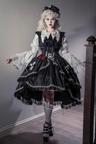 Black [Night Rose] Ruffle Bowknot Lace-Up Short Front and Long Back Gothic Gorgeous Lolita Jsk Dress
