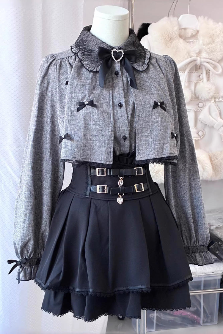 Black/Grey Long Sleeves Ruffled Belt Buckle Japanese Jirai Kei Set