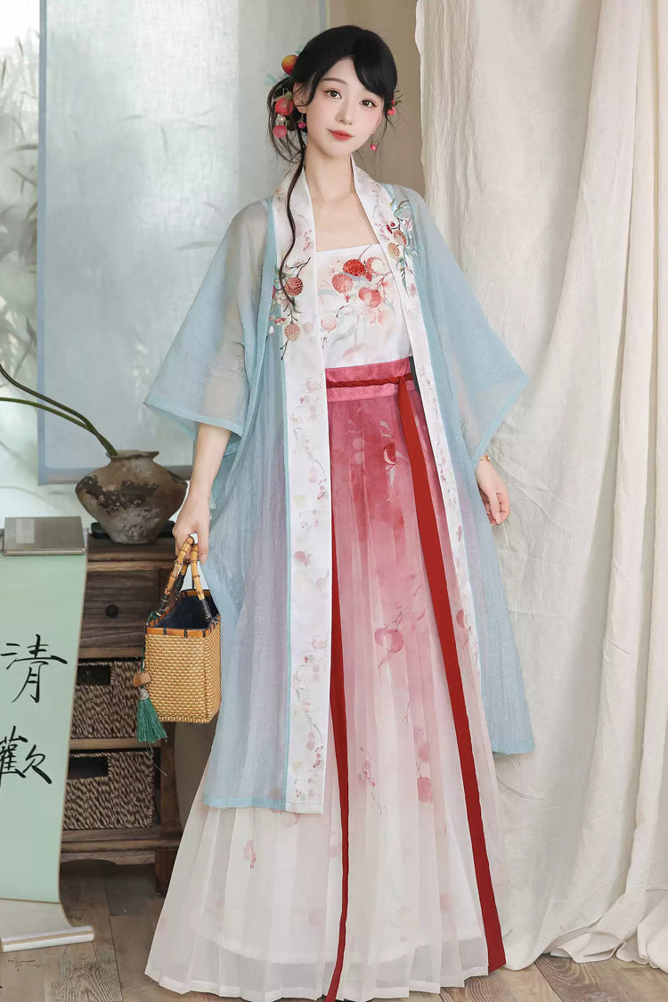 Multi-Color [Lychee Blossom Shoot] Half Sleeves Printed Embroidered Women's Sweet Hanfu Set