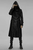 Black Stand Collar Print Asymmetric Metal Chain Zip Mens Steampunk Coat