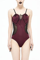 Wine Red Waist Splice Mesh Lace Up Gothic One Piece Swimsuit