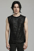 Black Round Collar Sleeveless Print Ripped Distressed Eyelet Men's Gothic Tank Top