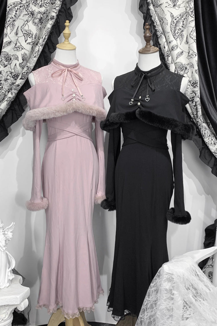Jirai Kei Stand Collar Off Shoulder Long Sleeves Embroidered Lace Sweet Japanese Fishtail Dress 2 Colors