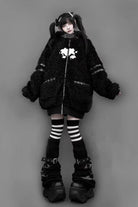 Black Long Sleeves Bear Ears Hooded Zippered Gothic Jirai Kei Lolita Coat