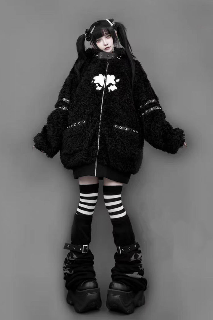 Black Long Sleeves Bear Ears Hooded Zippered Gothic Jirai Kei Lolita Coat