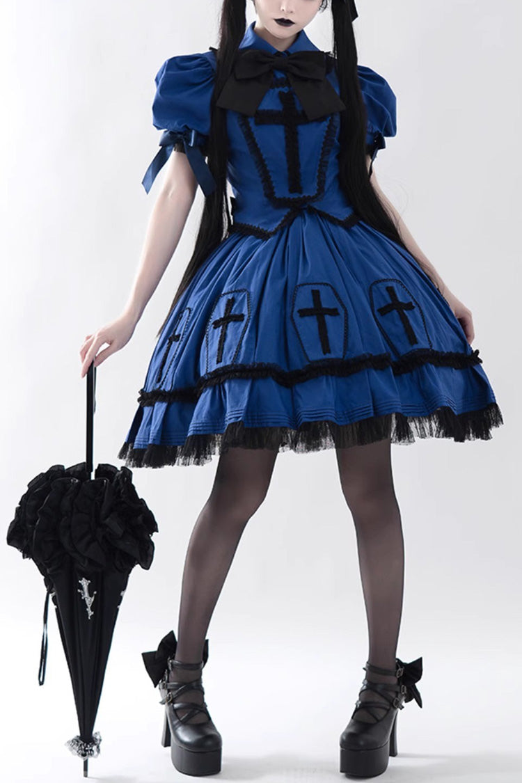 Blue Halloween Cross Short Puff Sleeves Two Pieces Gothic Lolita Dress