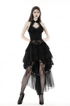 Black Off Shoulder Halterneck Sleeveless Irregular High Low Multi-Layered Lace Women's Gothic Dress