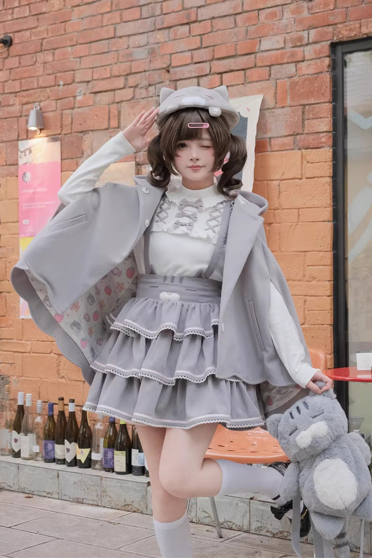Grey [Gloomy Cat Series] Sleeveless Triple-Layered Ruffled Sweet Suspender Cake Strap Dress