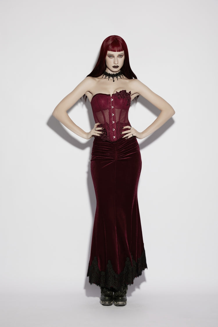Red Embroidered Lace Lace-Up Slim Sheer Strappy Women's Gothic Corset