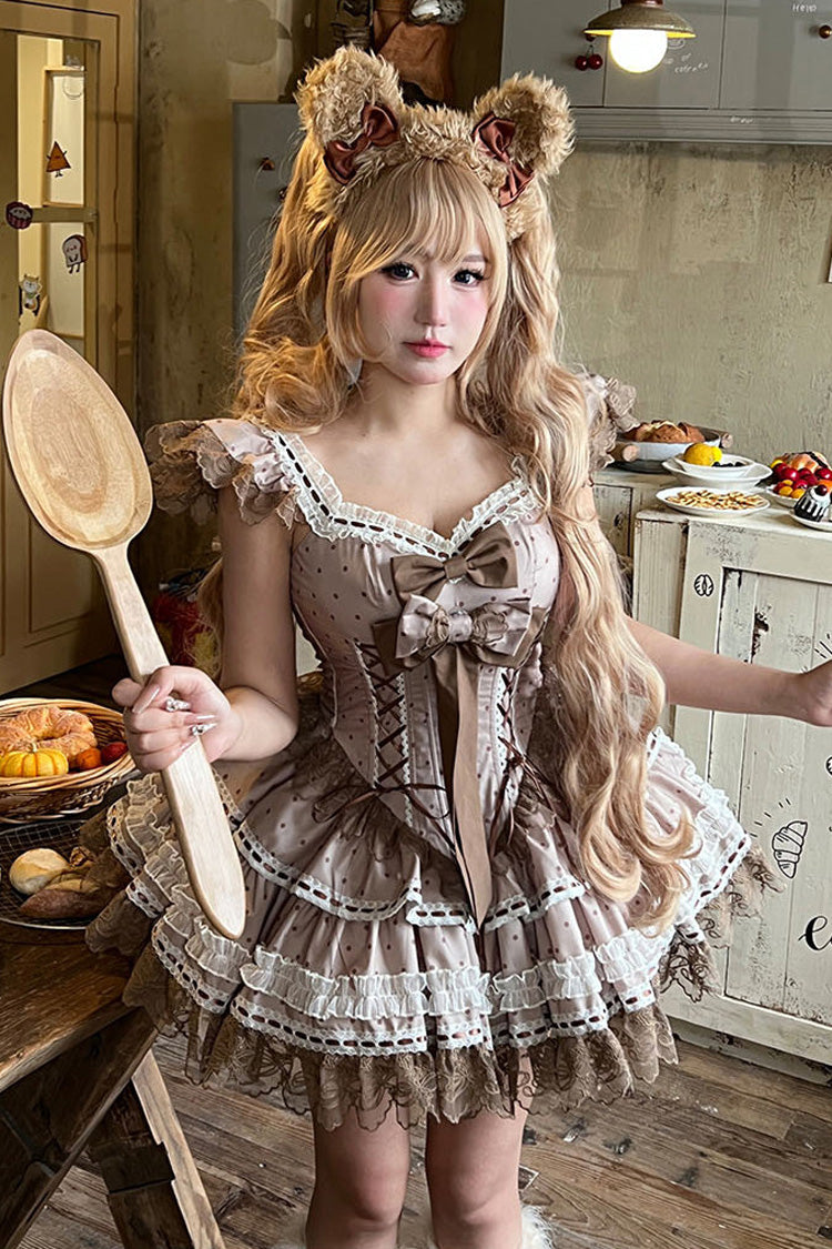 Brown [Coco Ballet] Sleeveless Double-Layered Bow Lace Lace-Up Sweet Princess Ballet Lolita Jsk Dress