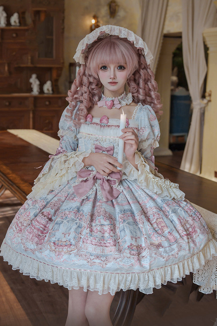 Blue/Pink [Victoria Cake] Square Collar Long Trumpet Sleeves Jacquard Printed Ruffled Bow Lace Sweet Lolita Dress