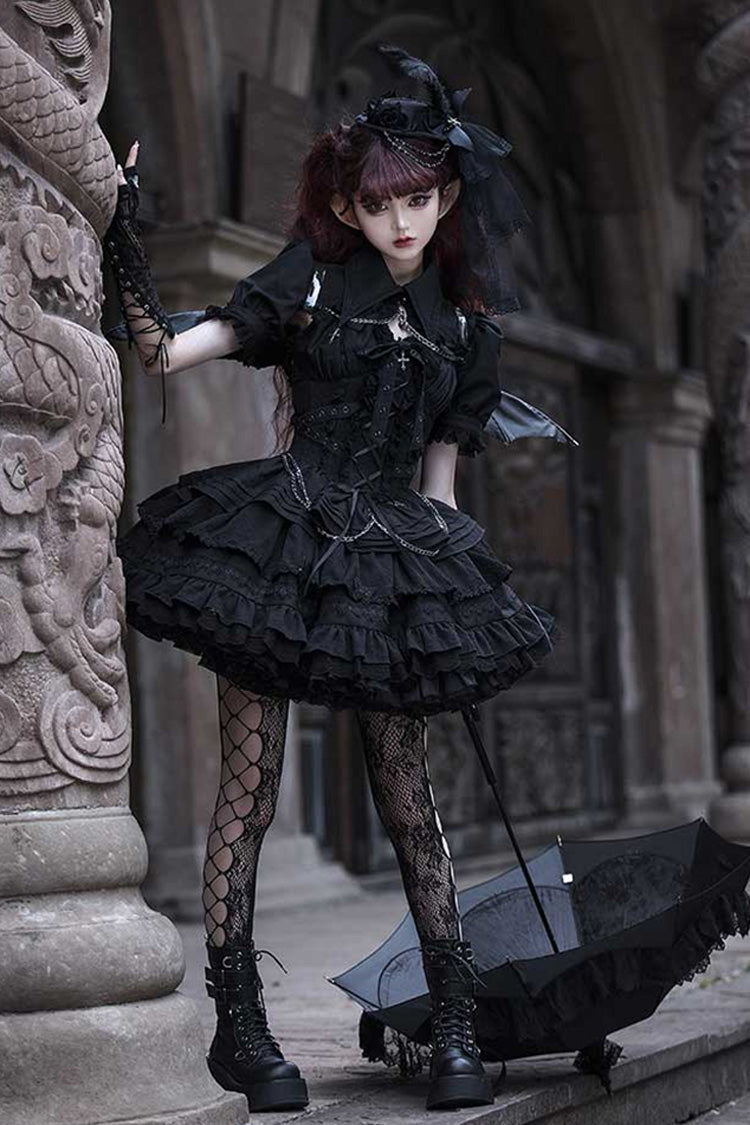 [Covenant Cross] Sleeveless Triple-Layered Ruffle Bowknot Lace-Up Gothic Lolita Jsk Dress 6 Colors