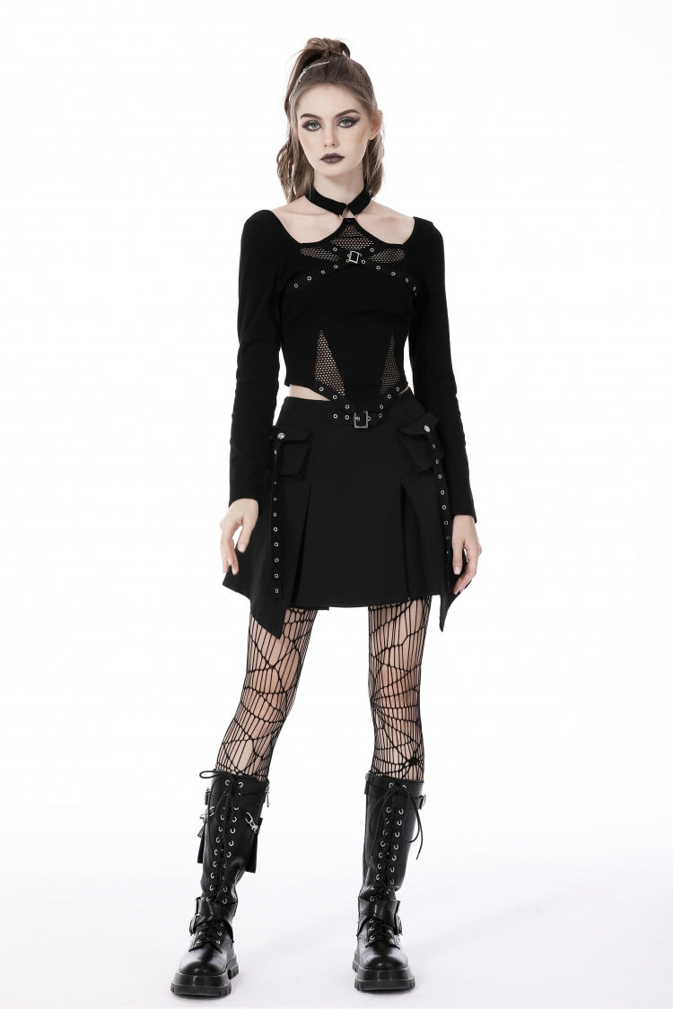 Black Halterneck Long Sleeves Eyelet Mesh Splice Women's Punk Crop Top