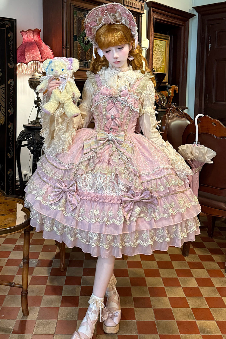 Pink [Crown of Gems] Triple-Layered Ruffle Bowknot Lace Sweet Gorgeous Lolita Jsk Dress