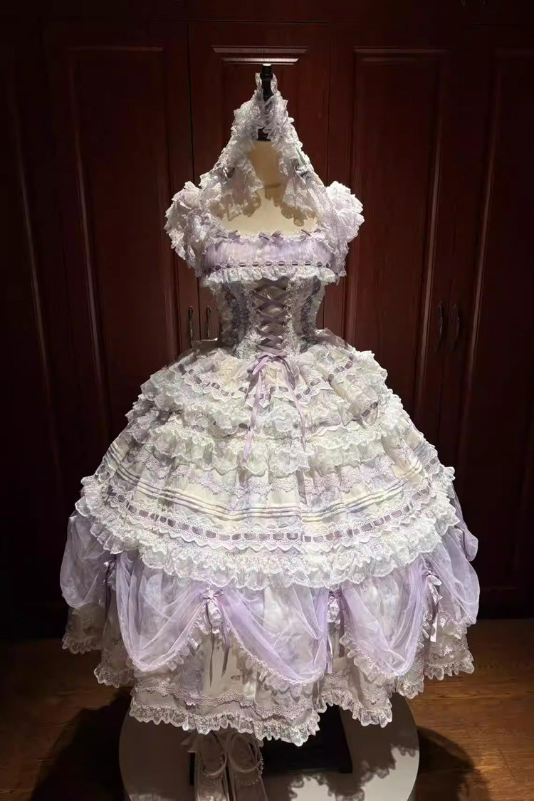 Purple [Wisteria] Sleeveless Multi-Layered Hanayome Bow Lace Lace-Up Sweet Gorgeous Lolita Jsk Dress Set