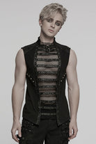 Black Sleeveless Stitching Mesh Eyelet Straps Men's Punk Vest