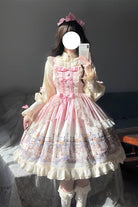 [Angel Lamb] Sleeveless Printed Ruffled Bow Sweet Lolita Jsk Dress 3 Colors