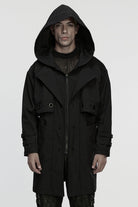 Black Lapel Collar Long Sleeves Hooded Zippered Eyelet Men's Gothic Coat