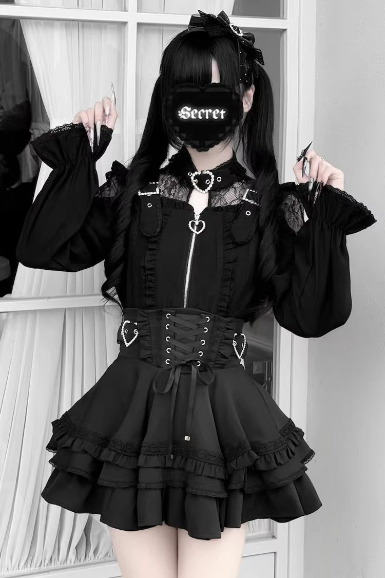 Jirai Kei [Heartbeat Buffy] Stand Collar Sleeveless Triple-Layered Ruffled Lace-Up Zippered Sweet Japanese Skirt and Blouse