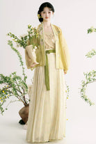 Green/Apricot [Grape Butterfly] Long Sleeves High Waisted Printed Embroidered Women's Sweet Hanfu Dress Set