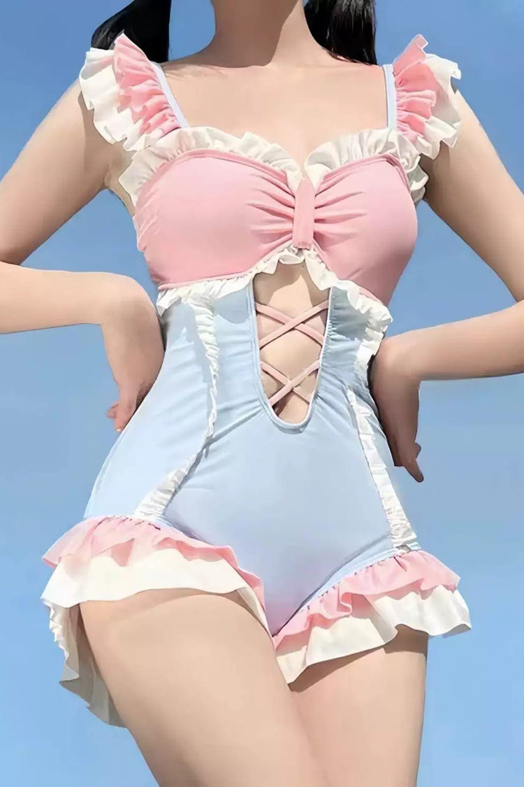 Blue/Pink Square Collar Sleeveless Ruffled Cut-Out Lace-Up Sweet Lolita One-Piece Swimsuit