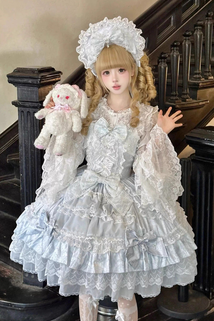 Blue [Dream-Sinking Pearl Veil] Doll-Style Sleeveless Multi-Layered Ruffled Bow Lace Daily Sweet Lolita Dress