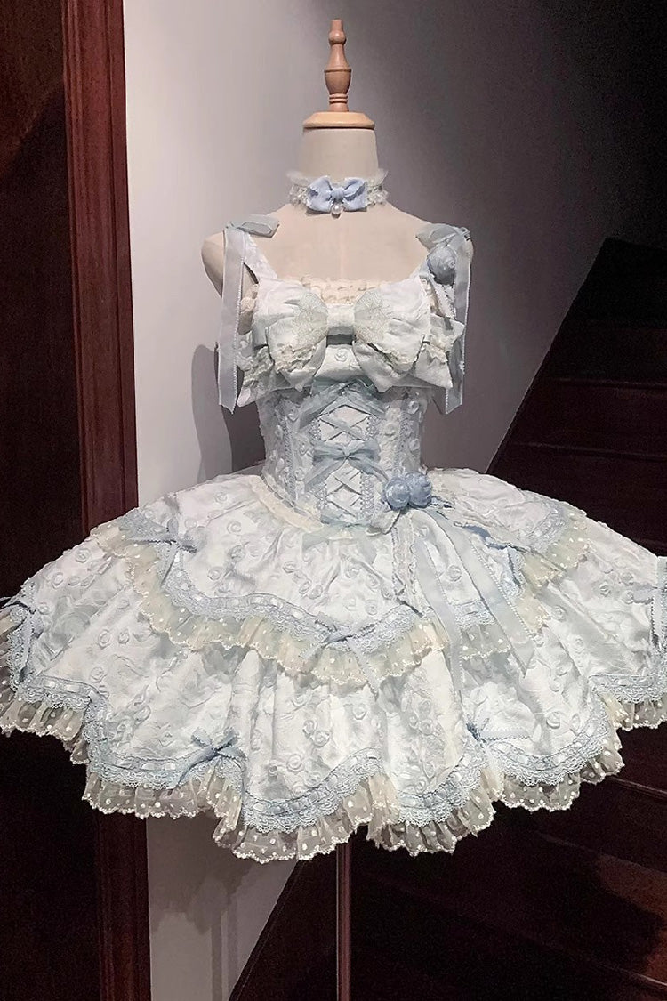 Blue [Floral Overture] Double-Layered Ruffle Embroidery Bowknot Lace Sweet Lolita Jsk Dress