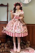 Pink Bear Doll Wall Print Short Sleeves Ruffle Embroidery Bowknot Sweet Lolita Dress