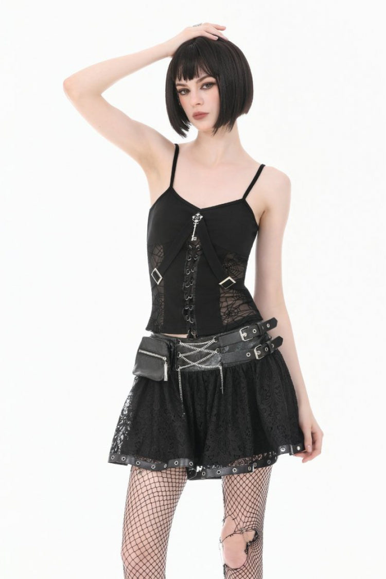 Black Chain-Decorated Eyelet Buckled Straps Lace Women's Gothic Mini Skirt