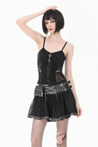 Black Chain-Decorated Eyelet Buckled Straps Lace Women's Gothic Mini Skirt