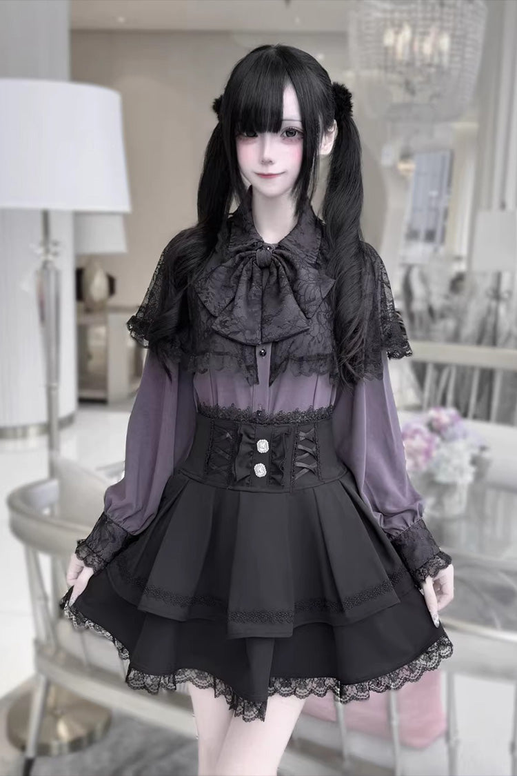 [Dark Moon Shadow] Long Sleeves Double-Layered Ruffled Embroidered Bow Lace-Up Gothic Jirai Kei Lolita Top + Skirt Set