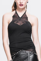Black Front Chest Spider Web Flocking Printing Mesh Tight Halter Women's Punk Vest