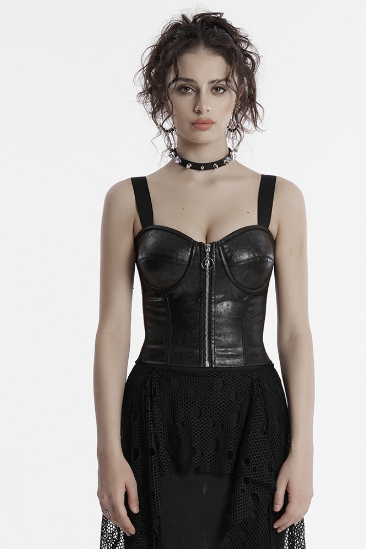 Black Sleeveless Faux Leather Stitching Zipper Women's Punk Vest