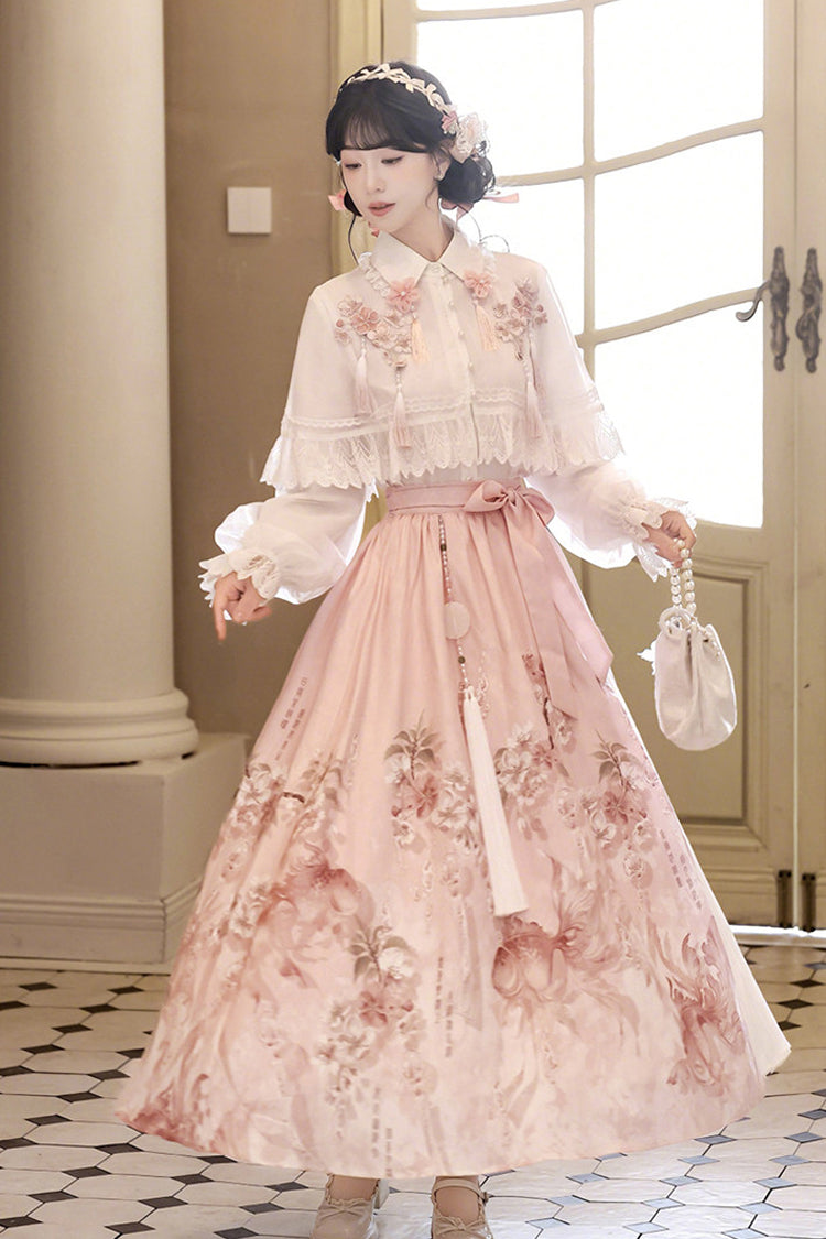 White/Pink [Cherry Blossom Rain] Lapel Collar Long Sleeves High Waisted Printed Women's Sweet Hanfu Dress Set