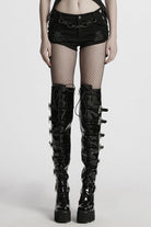 Black Studded Ripped Straps Women's Punk Shorts