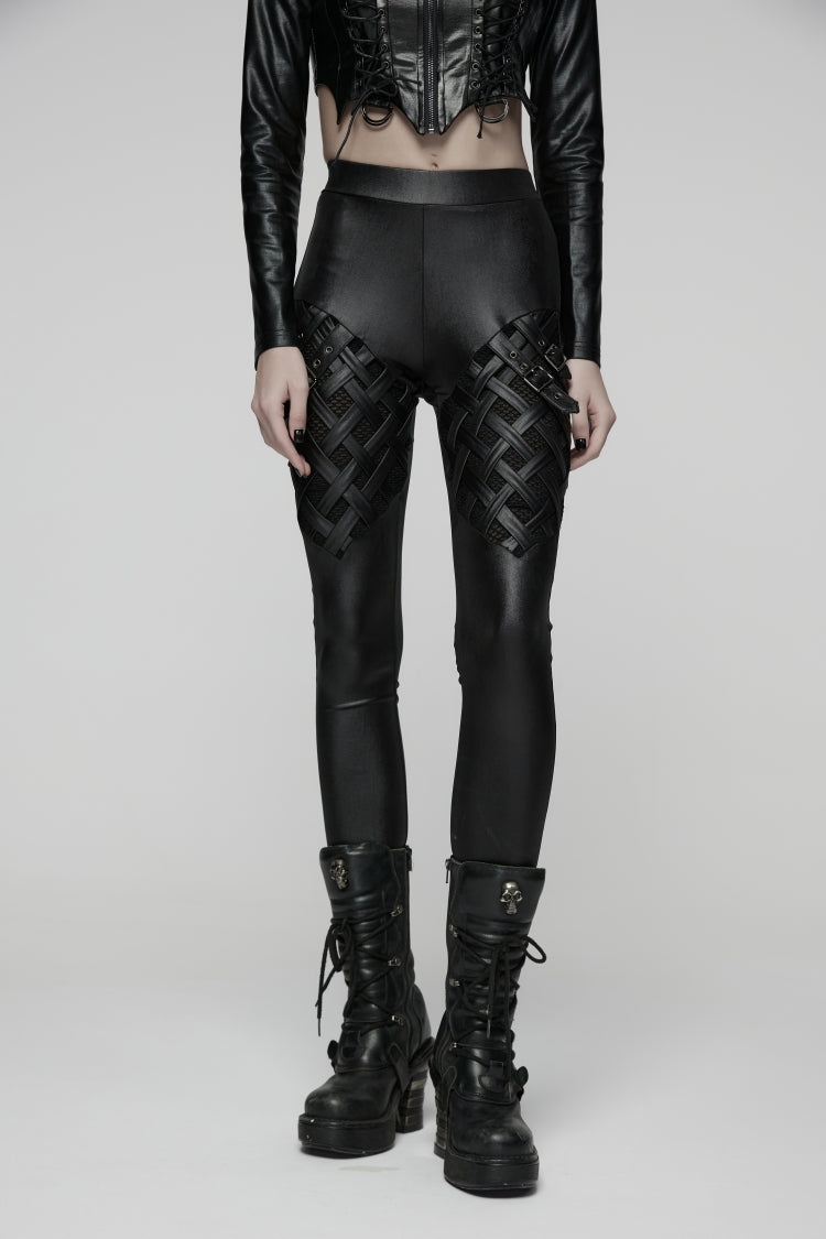 Black Slim Buckled Women's Punk Braided Strap Buckle Leggings