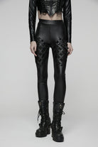 Black Slim Buckled Women's Punk Braided Strap Buckle Leggings