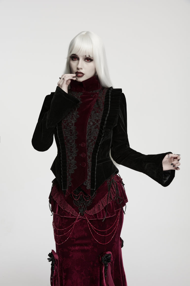 Black/Red Lapel Collar Long Trumpet Sleeves Lace Lace-Up Asymmetric Color-Blocked Women's Gothic Elegant Luxurious Royal Velvet Coat