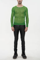 Green Elasticity High Neck Long Sleeve Mesh Men's Gothic T-Shirt