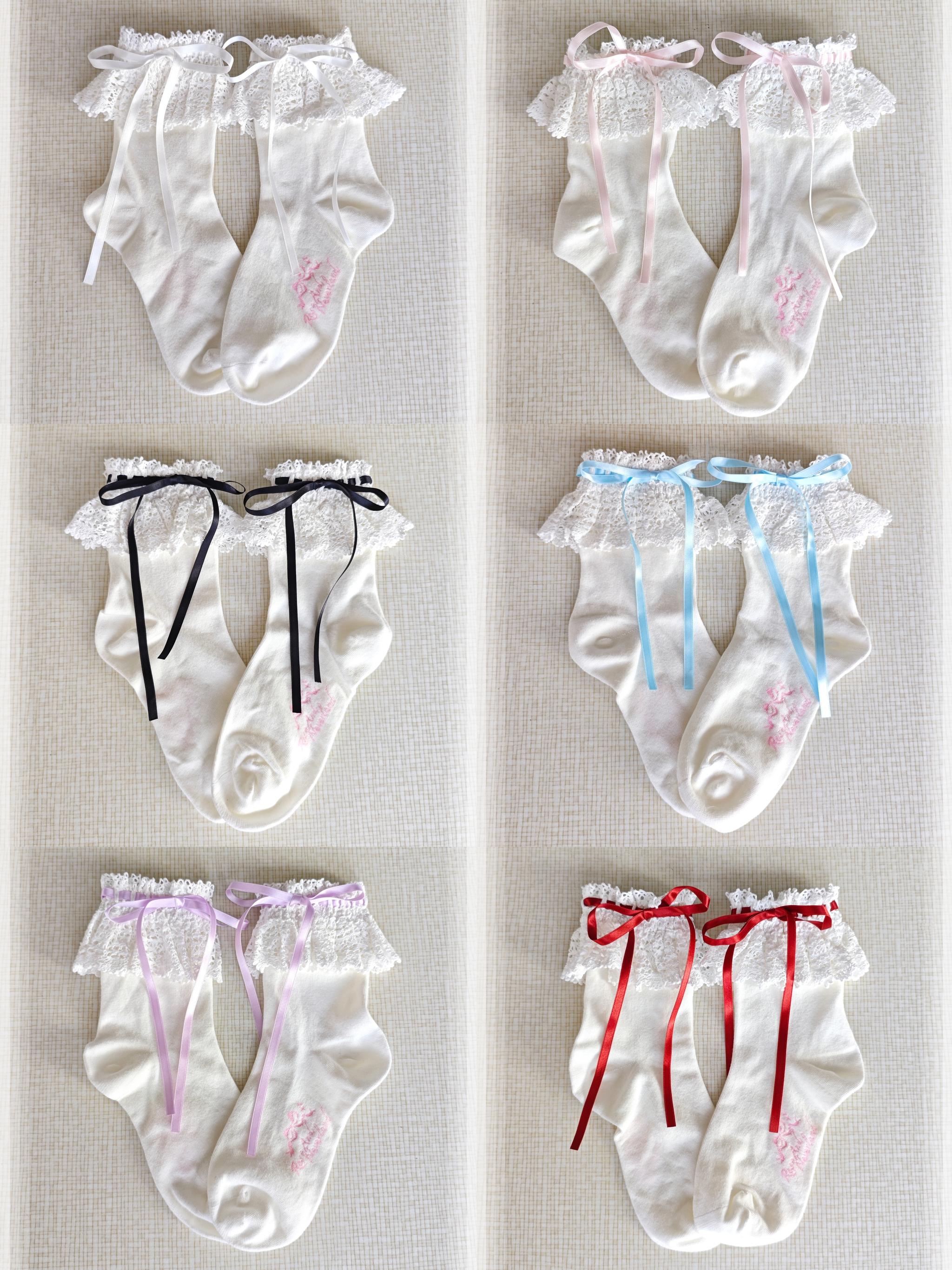 Cotton Old School Lolita White Socks with Colorful Ribbon Bows