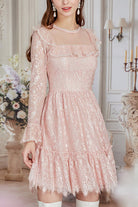 Pink Vintage Lace Round Collar Flower Embroidery Trumpet Sleeves Irregular Hem Sweet Lolita OP Dress