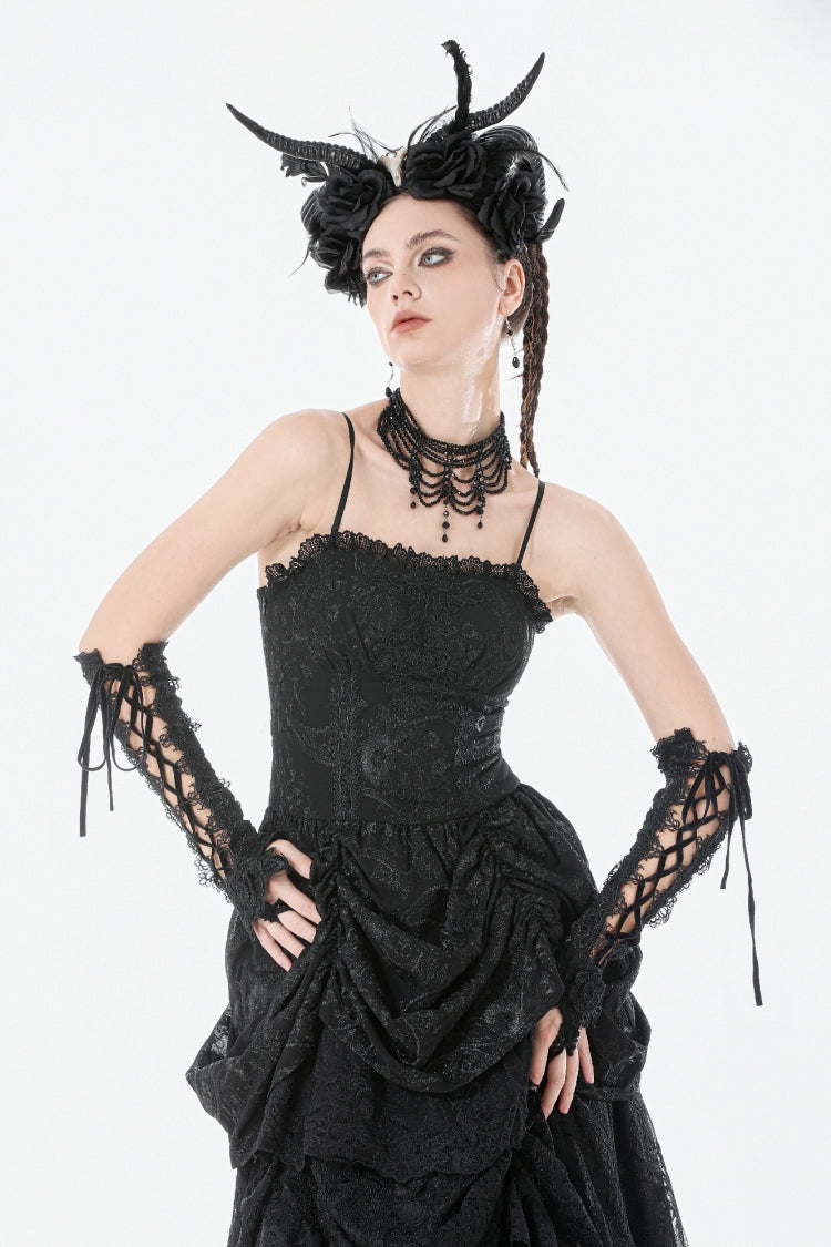 Black Sleeveless Multi-Layered Embroidered Women's Gothic Peplum Court Slip Dress