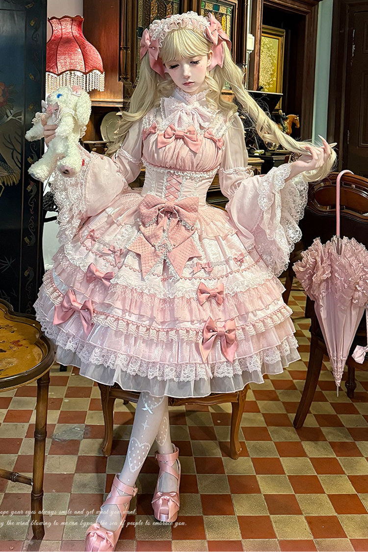 Pink [Little Lovetine] Multi-Layered Ruffle Bowknot Lace Sweet Gorgeous Lolita Jsk Dress