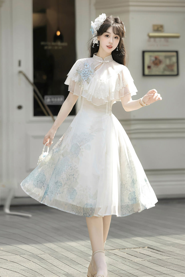 White [Hydrangea Message] Short Sleeves Print Ruffle Lace Sweet Chinese Style Elegant Lolita Short Dress