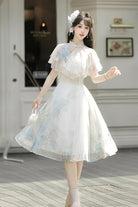 White [Hydrangea Message] Short Sleeves Print Ruffle Lace Sweet Chinese Style Elegant Lolita Short Dress